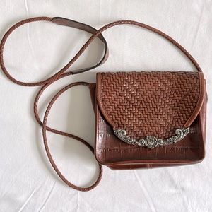 Brighton vintage woven leather crossbody purse with silver toned floral scrolls